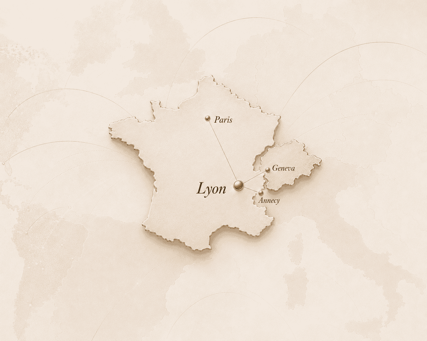 Carte d'implantation du cabinet L.L.V. FIDEUROPE AVOCATS - Lyon, Paris, Annecy, Genève